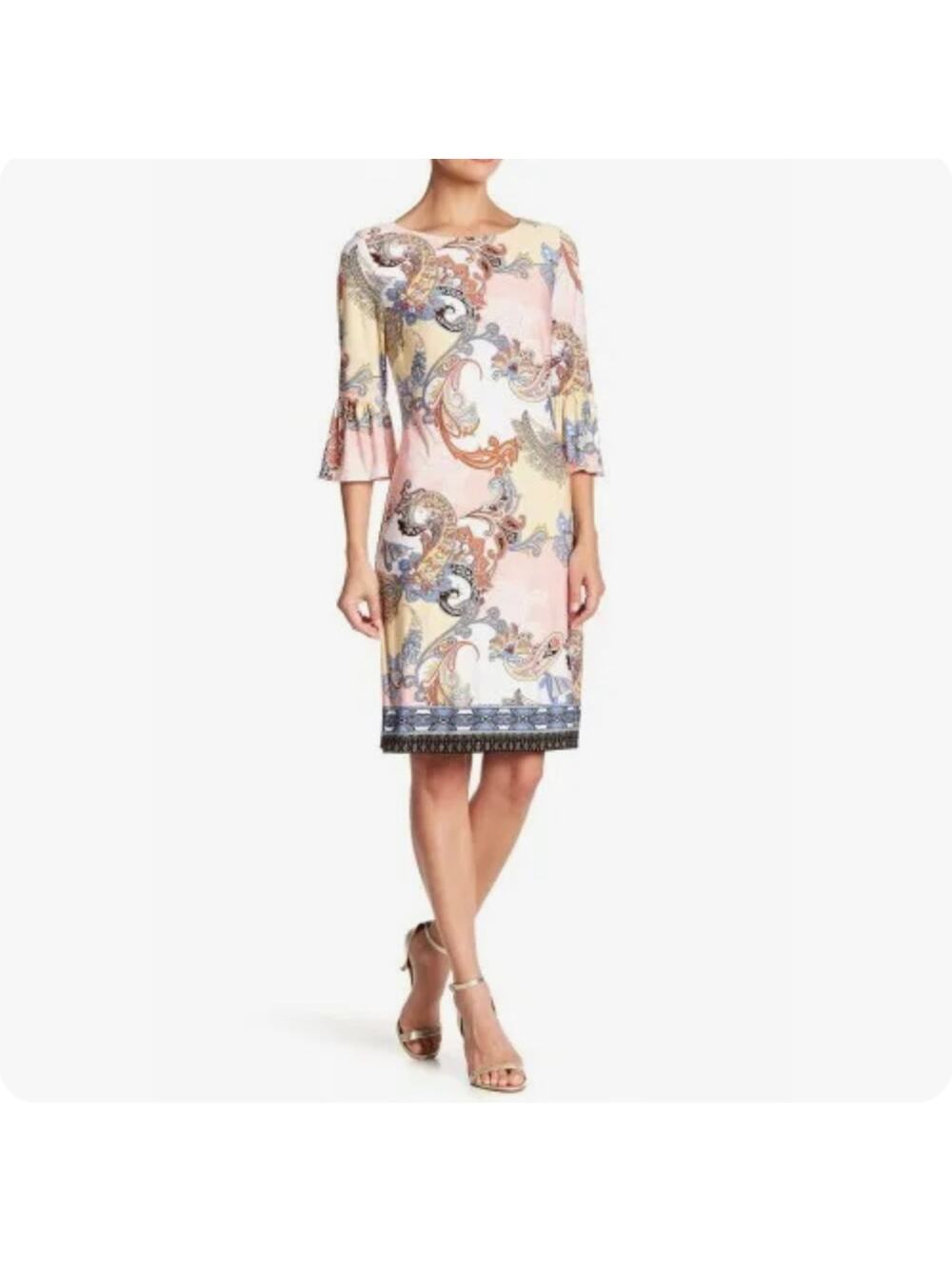 Chetta B Elegant Paisley 3/4 Bell Sleeves Lined Shift Dress Women's Size 8